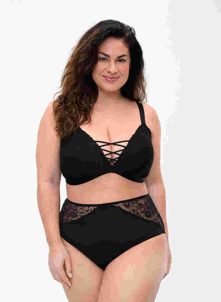 High-waisted underwear with lace, Black, Model image number 0