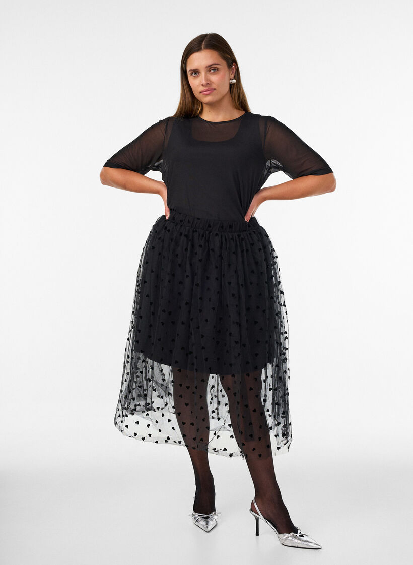 Midi tulle skirt with hearts, Black, Model image number 1