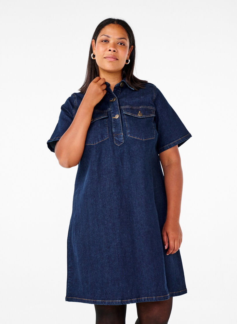 Denim dress with short sleeves and chest pockets, Dark Blue Denim, Model image number 0