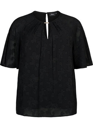Short-sleeved blouse with structure, Black, Packshot image number 0