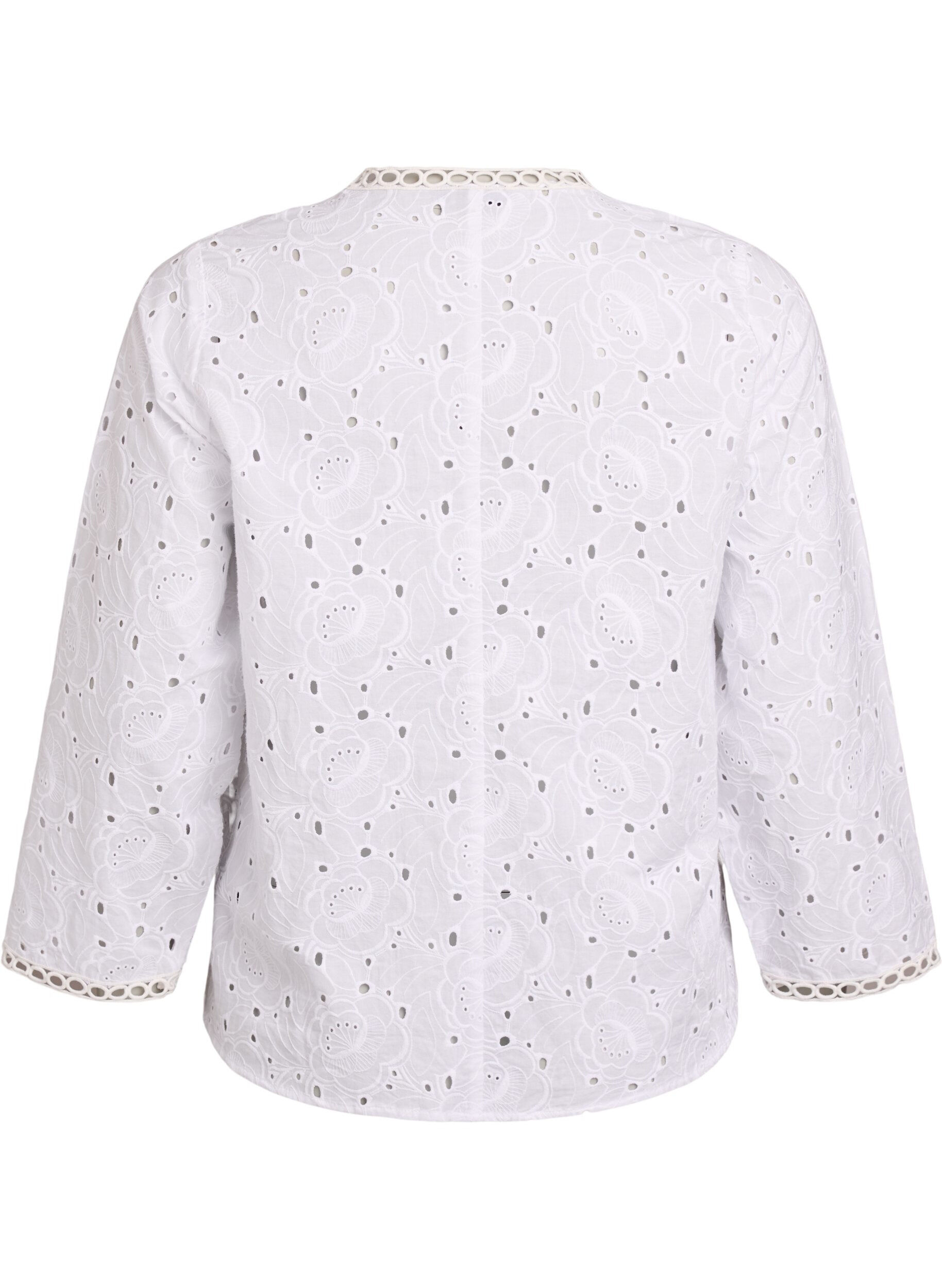 Zizzifashion Long-sleeved cotton blouse with broderie anglaise, White, Packshot image number 1
