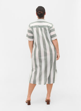 Short-sleeved cotton shirt dress with stripes, Thyme Stripe, Model image number 1