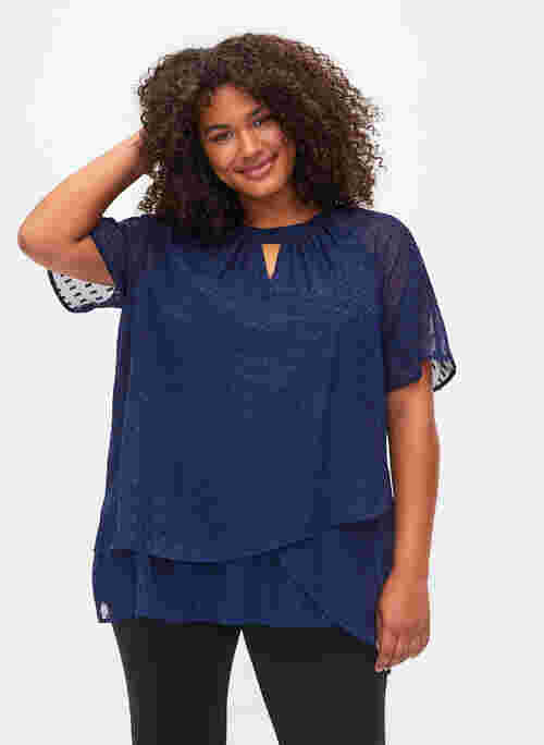 Blouse with 2/4 sleeves in patterned chiffon, Evening Blue, Model