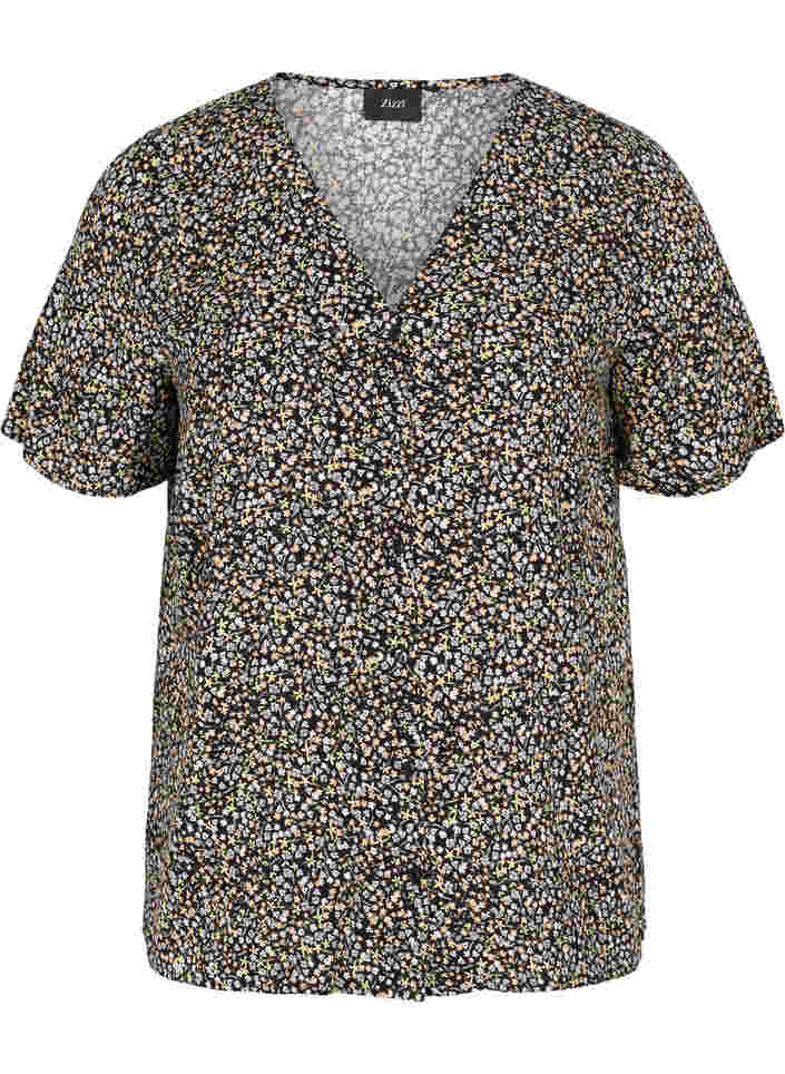 Printed pyjama top in viscose, Black Flower AOP, Packshot image number 0