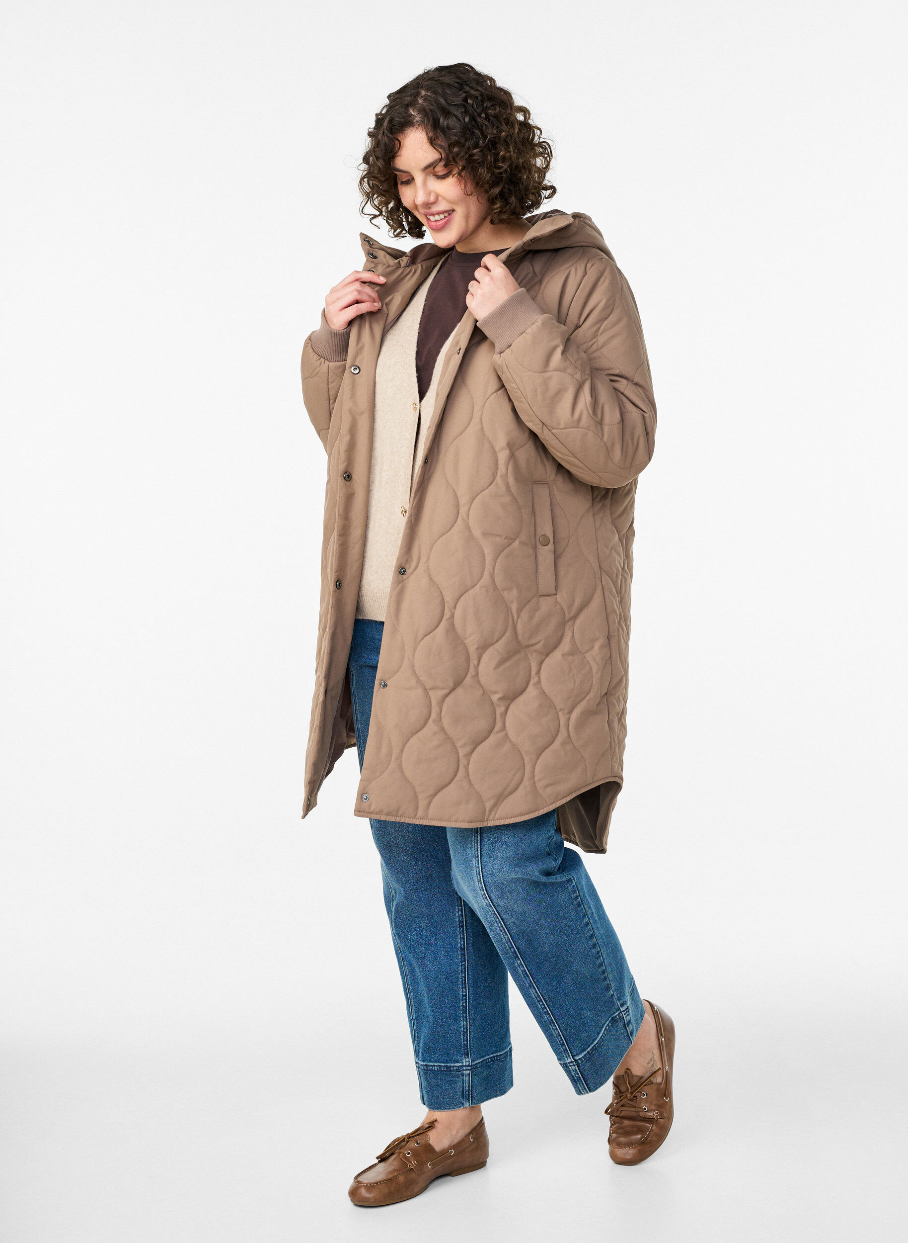 ZizzifashionMid-length quilted jacket with a hood, Brown, Model image number 1
