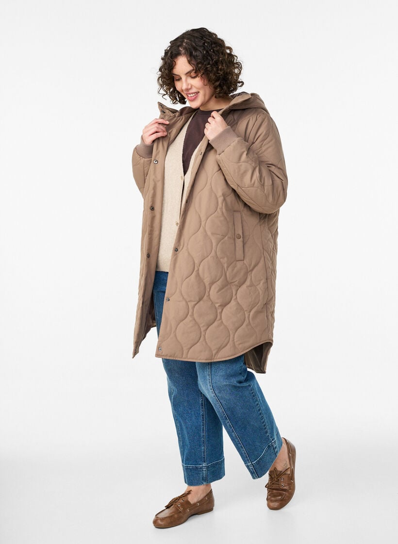 Mid-length quilted jacket with a hood, Brown, Model