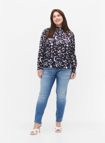 Printed blouse with smock, Blue Leaf AOP, Model image number 2