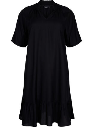 Short-sleeved viscose dress with v-neck, Black, Packshot image number 0