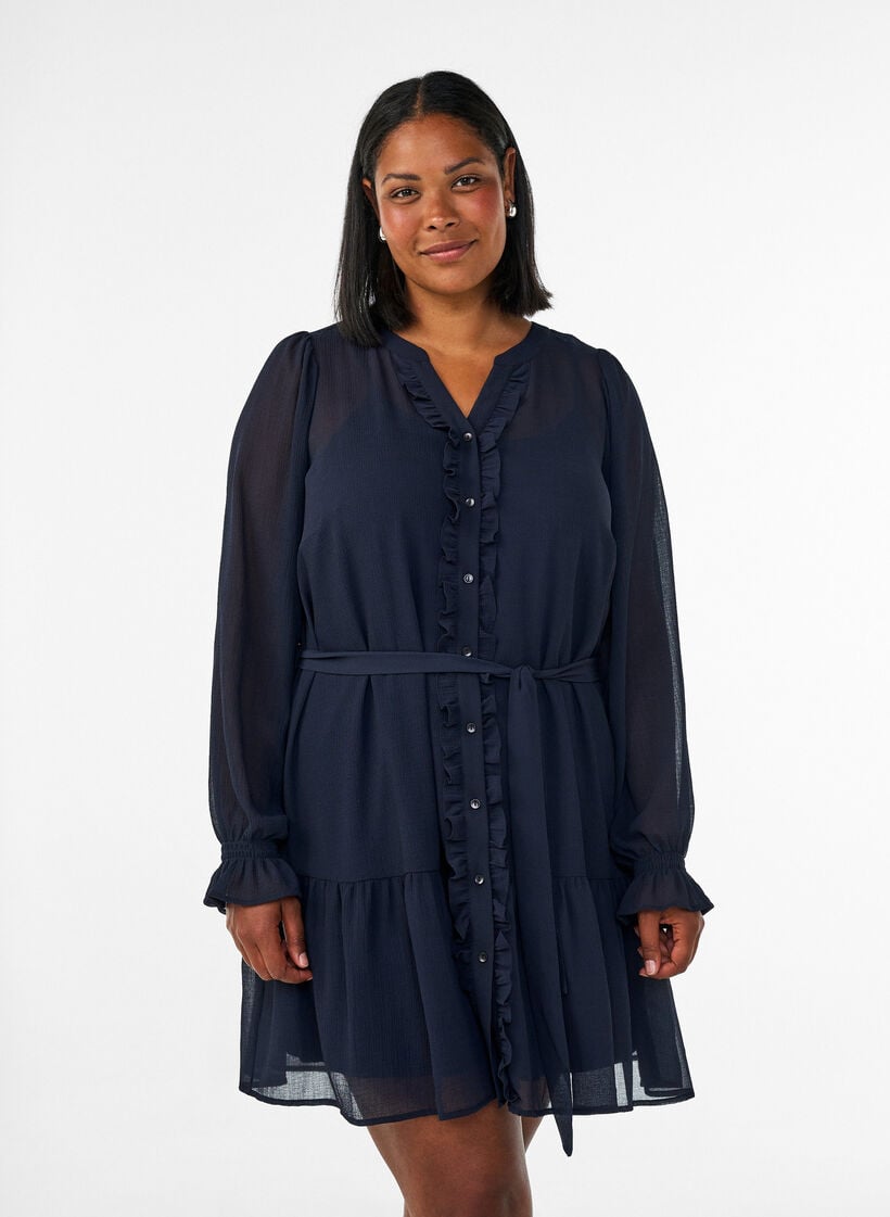 Short dress with ruffle details and a tie-belt, Blue, Model image number 0