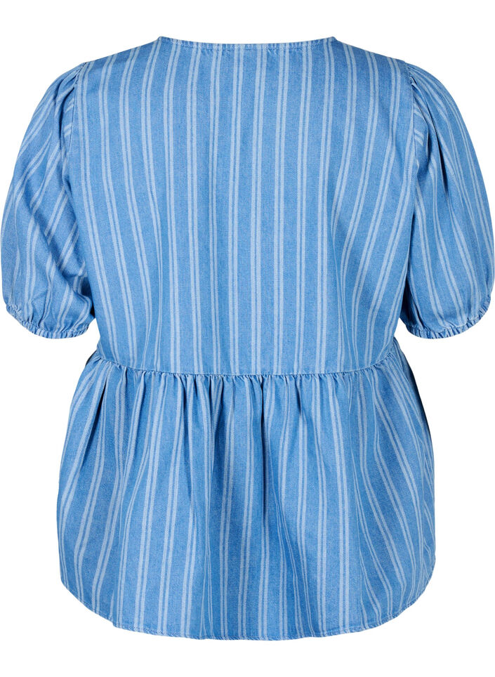 Short-sleeved denim blouse with stripe pattern, Blue, Packshot image number 1