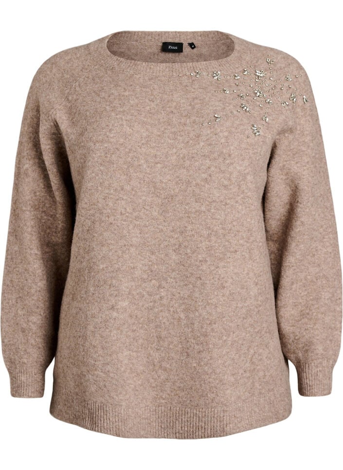 Knitted blouse with rhinestones and studs, Beige, Packshot image number 0