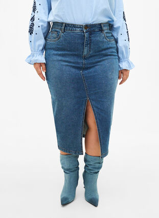 Denim skirt with front slit, Blue denim, Model image number 2