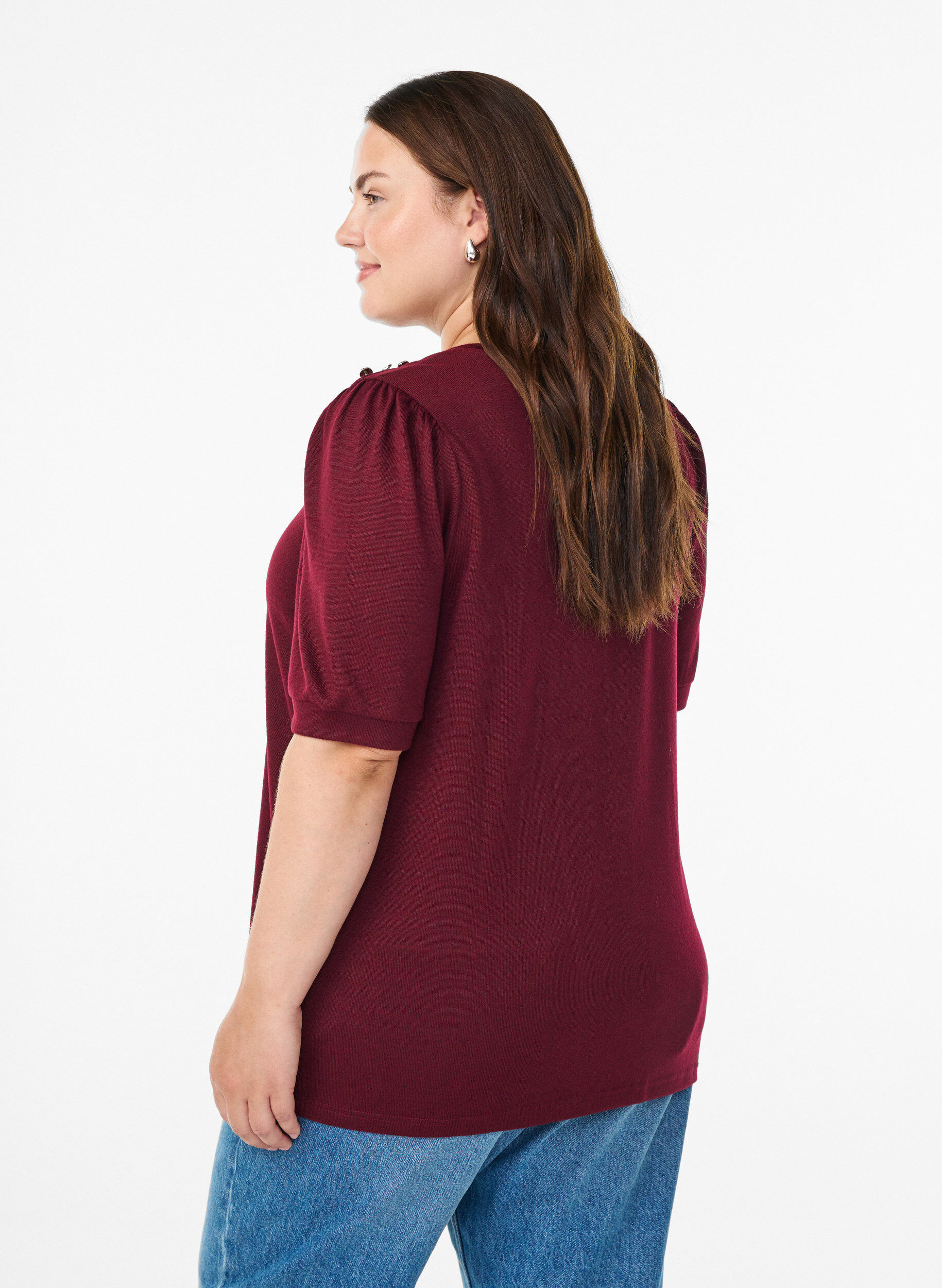 ZizzifashionBlouse with button detail and short puff sleeves, Dark Bordeaux, Model image number 2