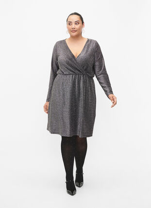 Glitter dress with wrap look and long sleeves, Black Silver, Model image number 2