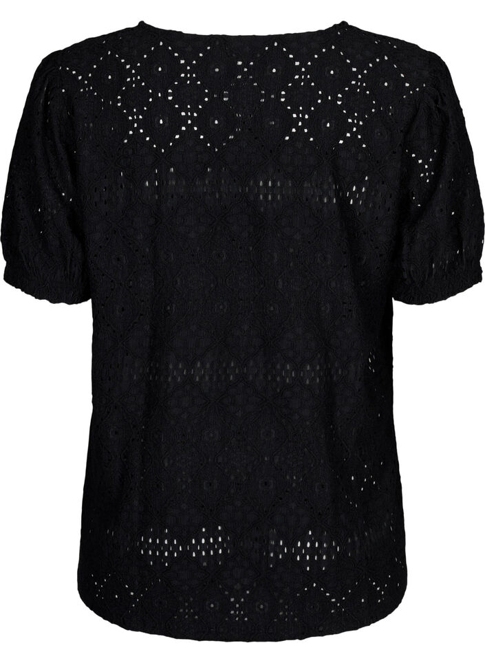 Short-sleeved blouse with lace pattern, Black, Packshot image number 1