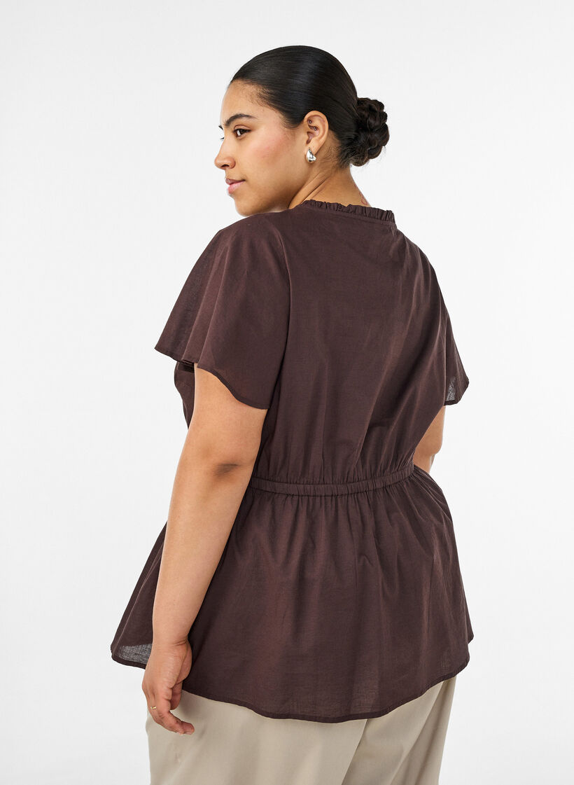 Cotton blouse with tie-string and elastic waist, Brown, Model image number 2