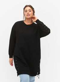 Sweater tunic with drawstring details, Black, Model