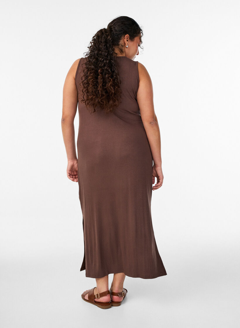 Sleeveless ribbed dress in viscose, Brown, Model image number 1