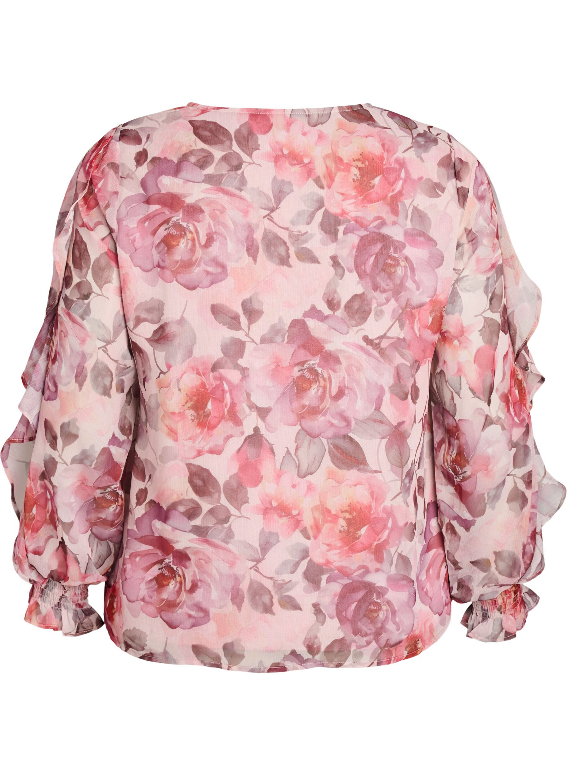 ZizzifashionFloral blouse with a V-neck and ruffle sleeves, Rose, Packshot image number 1