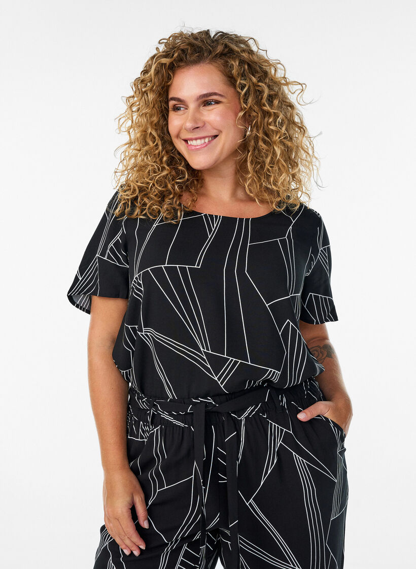 Short sleeve viscose blouse with print, Black, Model image number 0