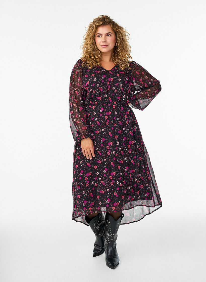 Chiffon dress with floral print and long sleeves, Black, Model image number 0