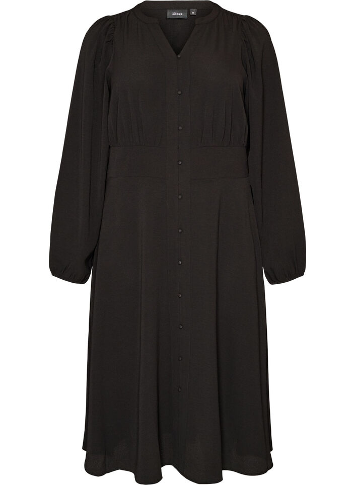 Midi dress with smock and decorative buttons, Black, Packshot image number 0