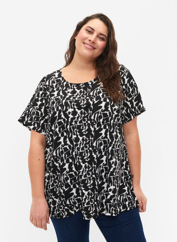 FLASH - Blouse with short sleeves and print, Black White AOP, Model image number 0
