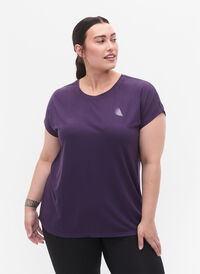 Short sleeved workout t-shirt, Purple Plumeria, Model