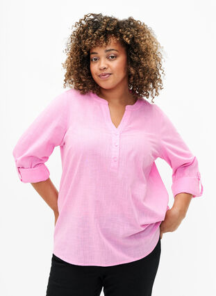 Shirt blouse in cotton with a v-neck, Rosebloom, Model image number 0