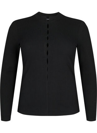 Long sleeve ribbed blouse with hole details, Black, Packshot image number 0