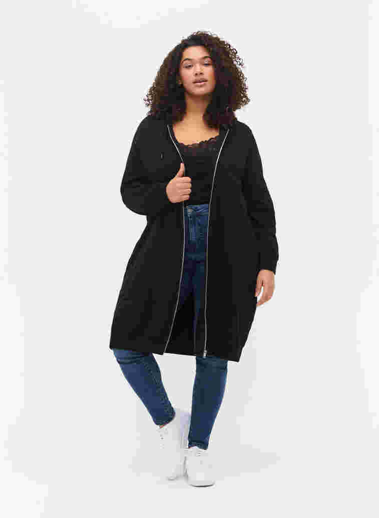 Long cotton sweat cardigan with hood, Black, Model image number 2