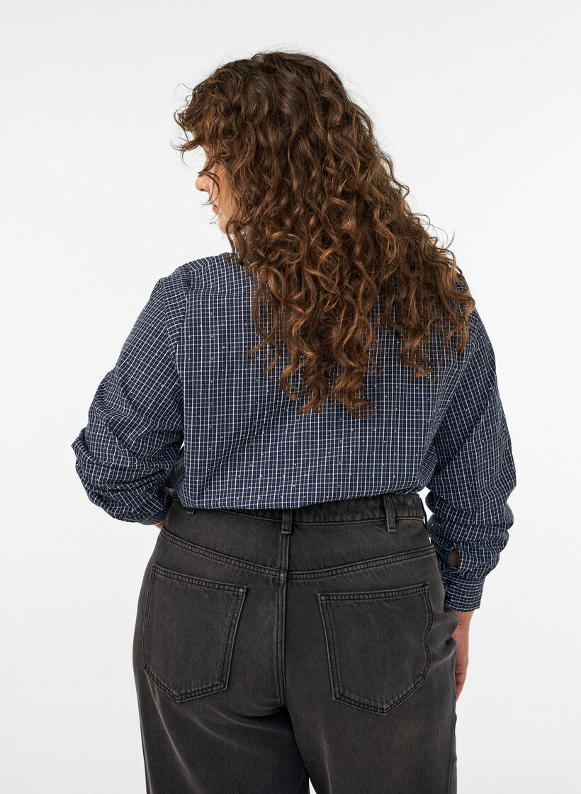 Checked shirt with rhinestones, Blue, Model image number 2