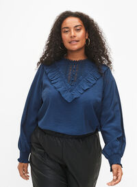 Viscose blouse with ruffles and embroidery detail, Titan, Model