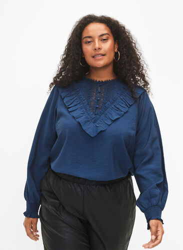 Viscose blouse with ruffles and embroidery detail, Titan, Model image number 0