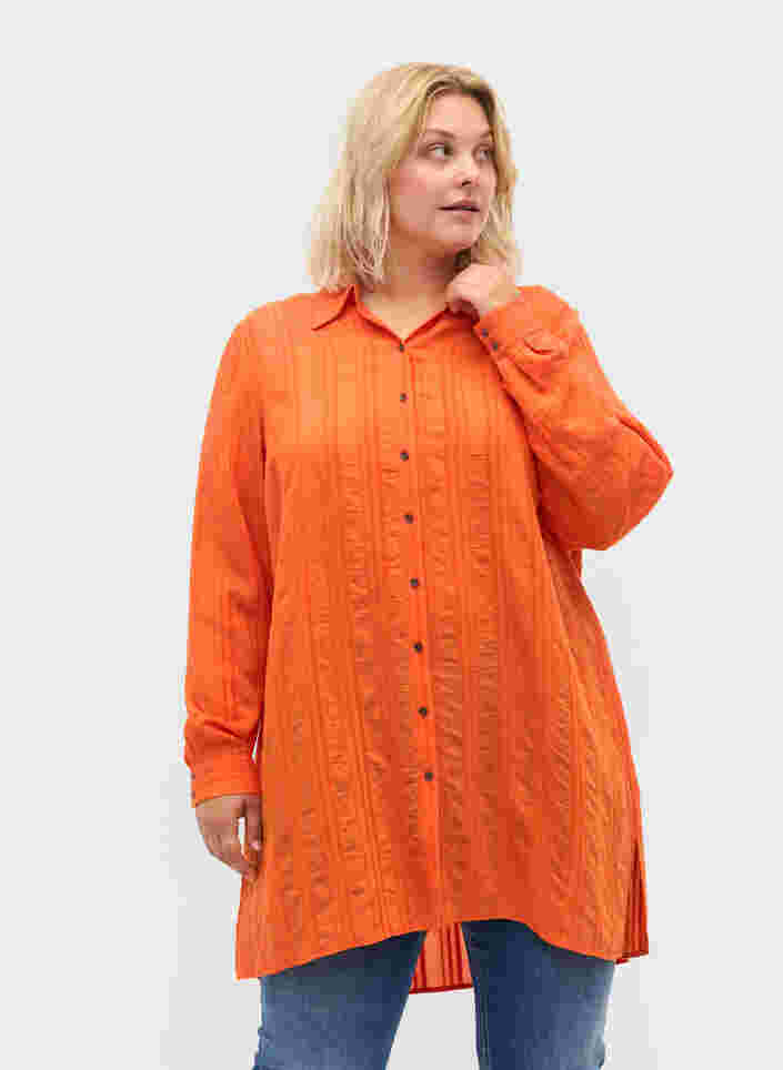 Long striped shirt with long sleeves, Harvest Pumpkin, Model