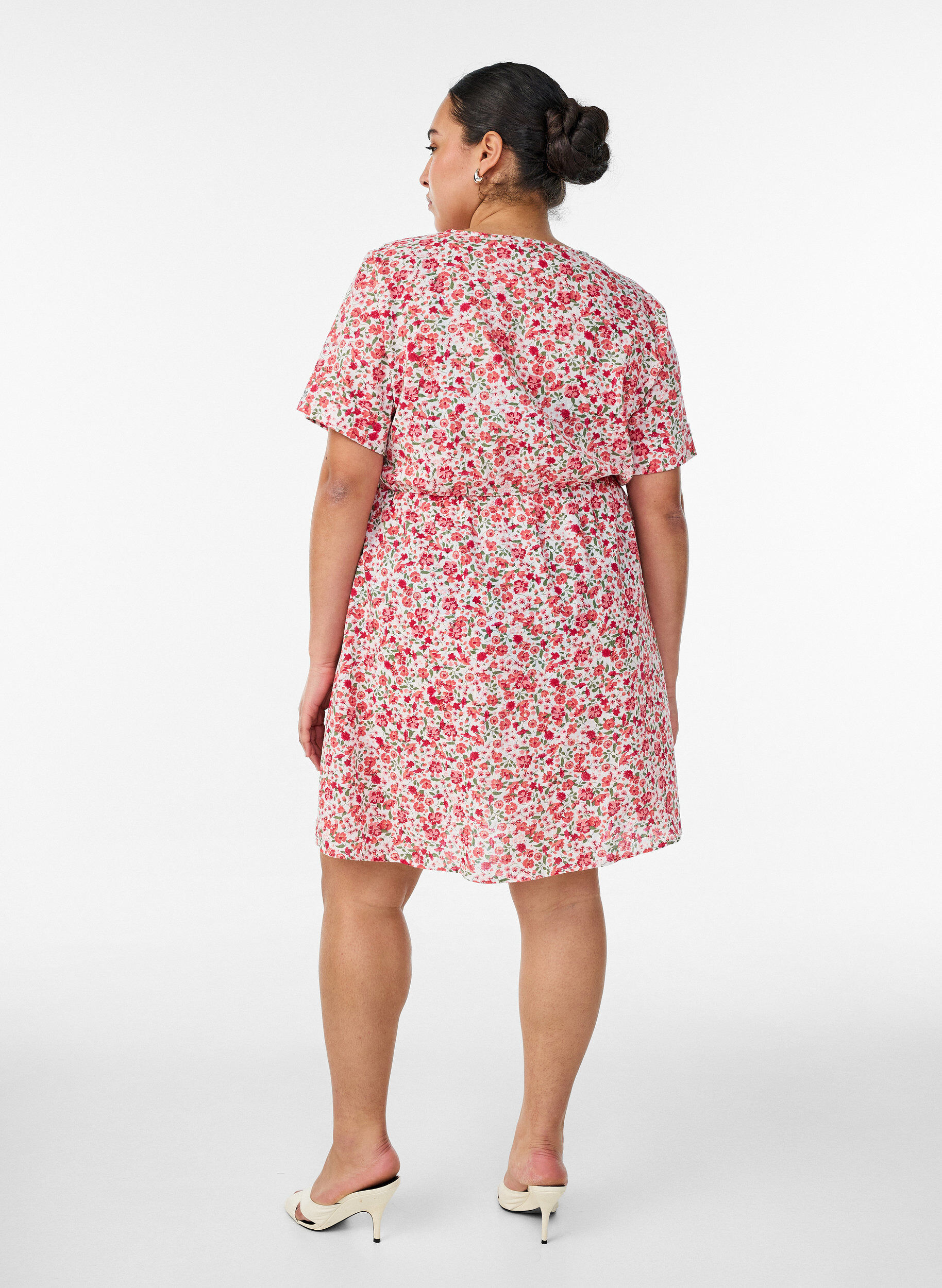 ZizzifashionShort cotton dress with floral print, Red, Model image number 2