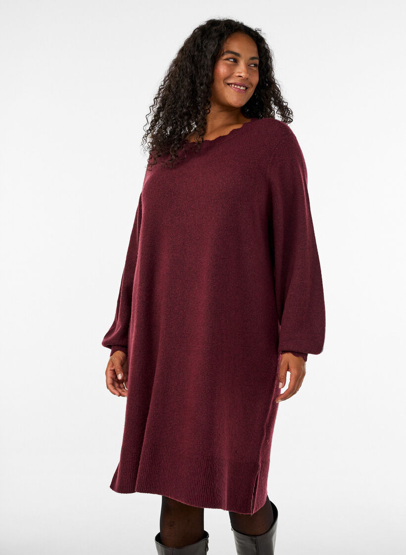 Short knitted dress with wavy hem and slits, Red, Model image number 0