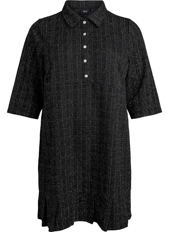 Short boucl&eacute; dress with decorative buttons, Black, Packshot image number 0