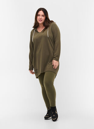 Long sweatshirt with v-neck and hood, Ivy Green, Model image number 2
