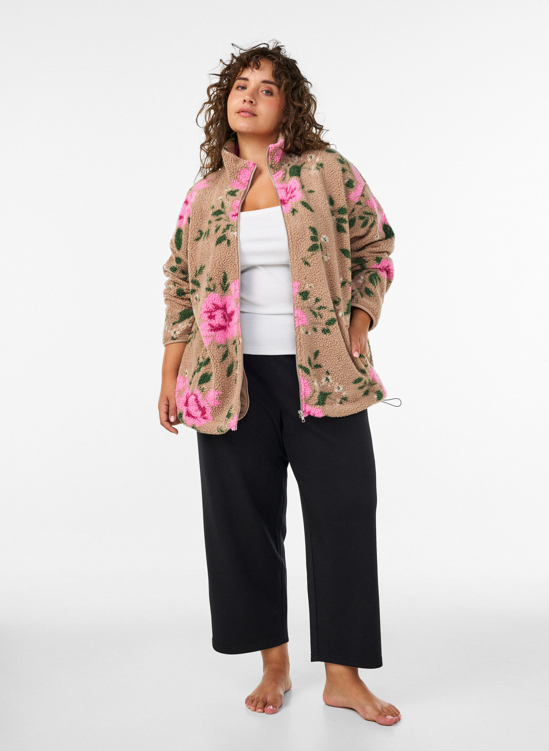 ZizzifashionFloral fleece jacket with a high neck and zip, Beige, Model image number 1