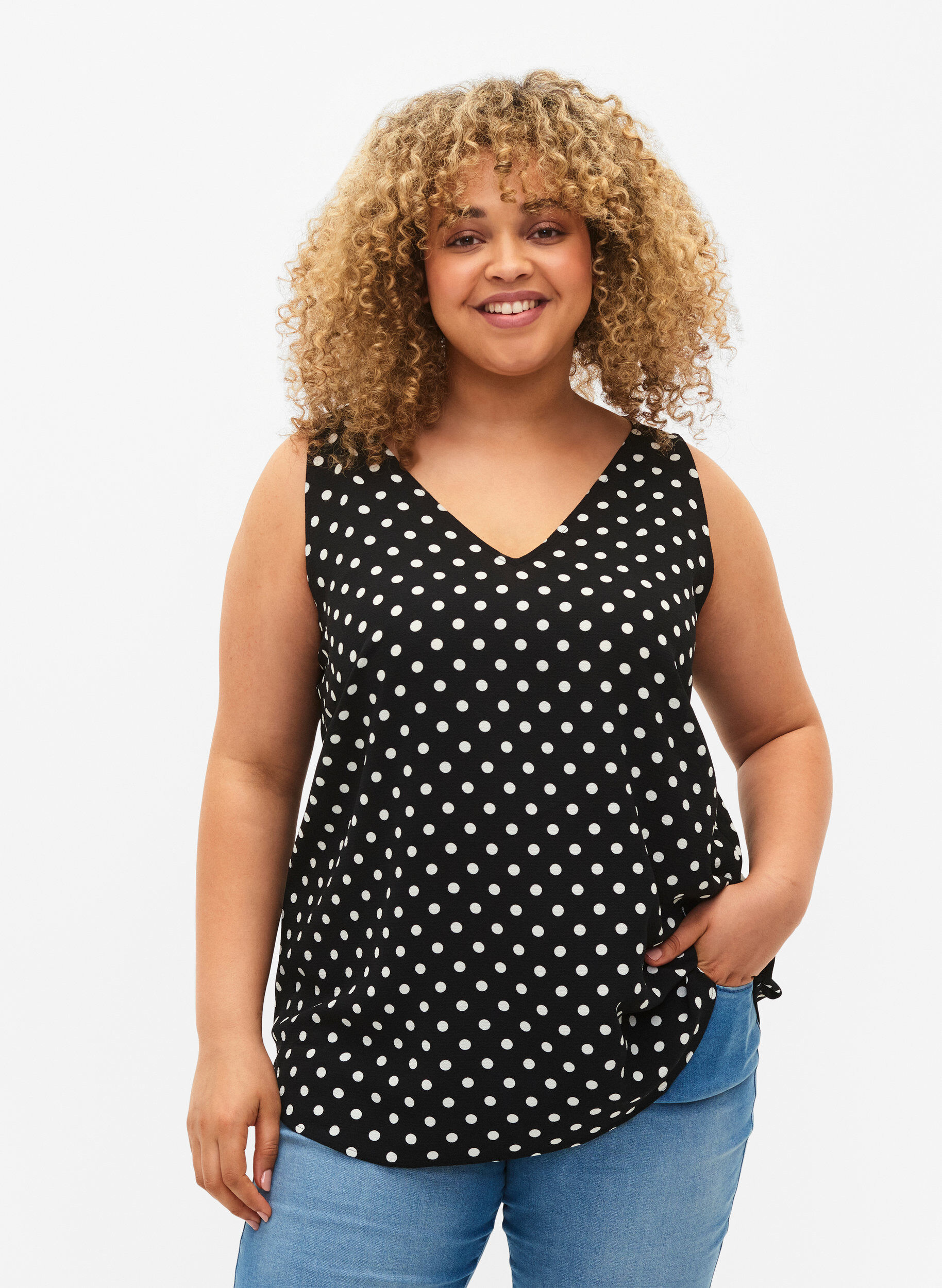 Zizzifashion Printed top with v-neck , Black Dot, Model image number 0