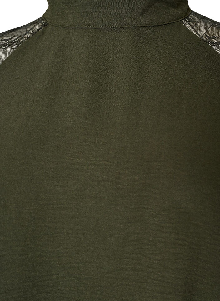 Blouse with short lace sleeves and high neck, Green, Packshot image number 2