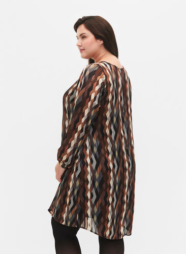Long-sleeved dress with V-neck and print, Earthy Zig Zag, Model image number 1