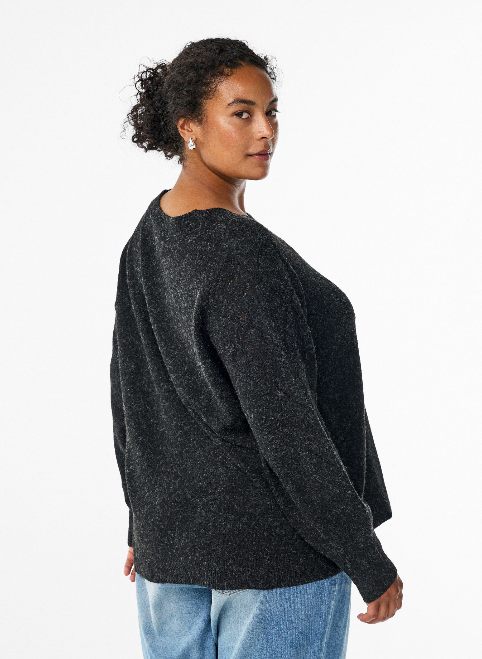 Zizzifashion Knitted top with openwork pattern and balloon sleeves, Dark Grey, Model image number 2