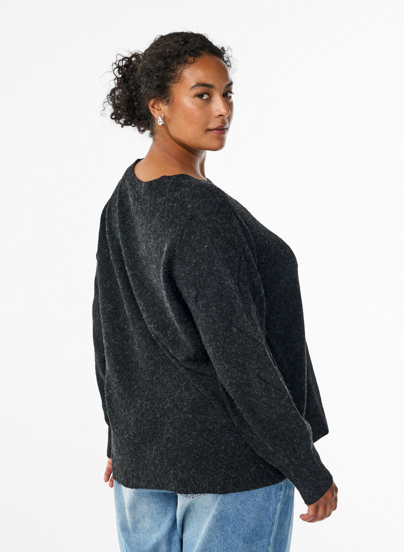 Knitted top with openwork pattern and balloon sleeves, Dark Grey, Model image number 2