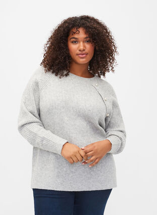 Melange knit sweater with pearl buttons, Light Grey Melange, Model image number 0