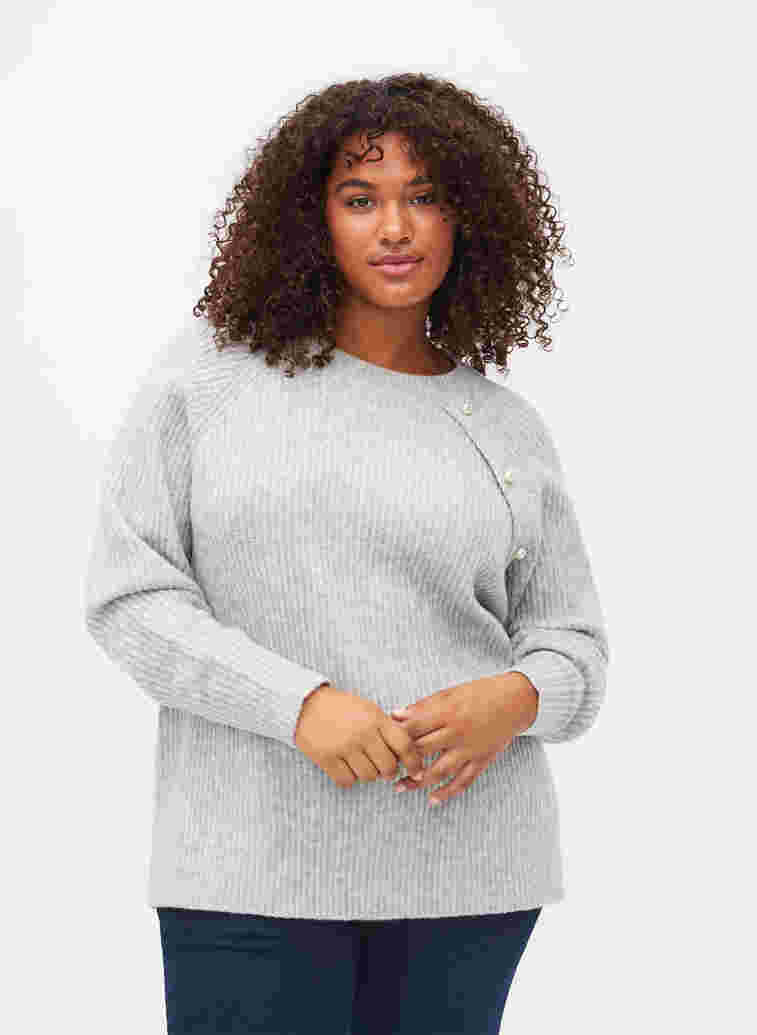 Melange knit sweater with pearl buttons, Light Grey Melange, Model