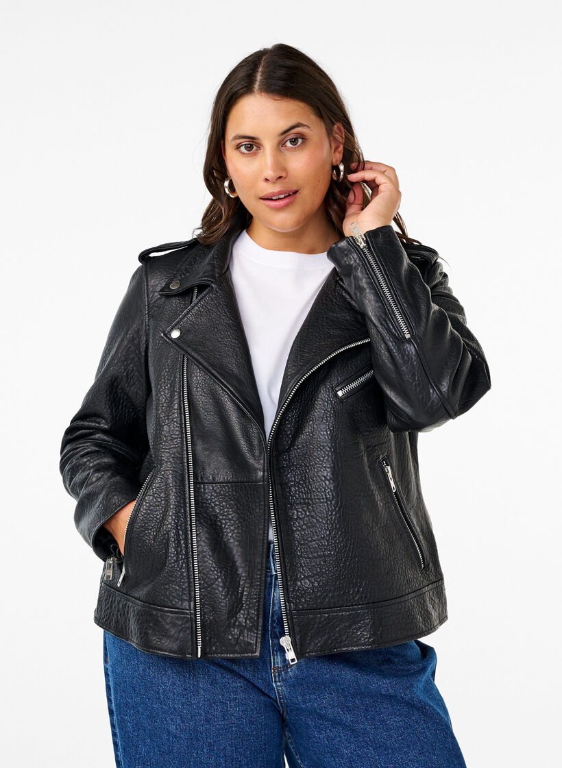 Leather biker jacket with pockets, Black, Model image number 0