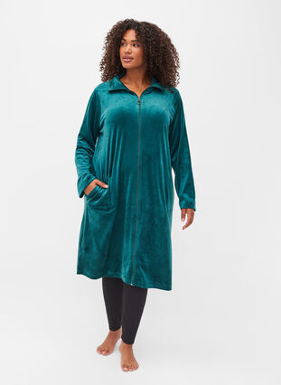 Velour bathrobe with zipper, Ponderosa Pine, Model image number 2