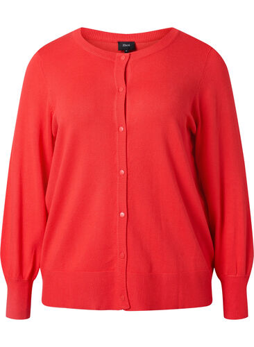Ribbed cardigan with button closure, Poppy Red, Packshot image number 0